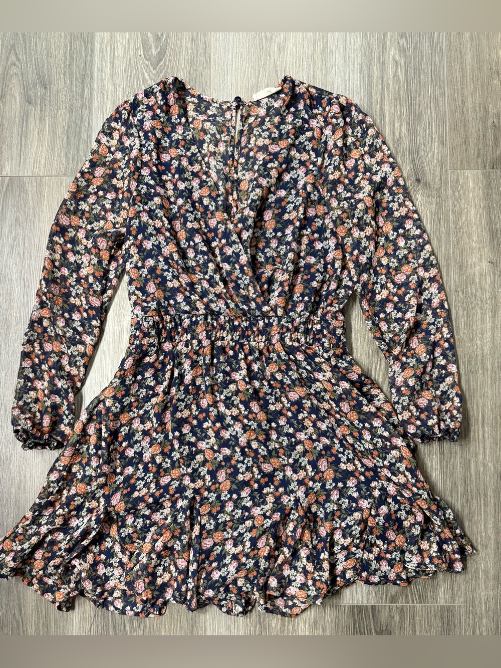 Altar'd State Navy Ditsy Floral Mini Dress Long Sleeve Ruffle Hem Boho Cottage